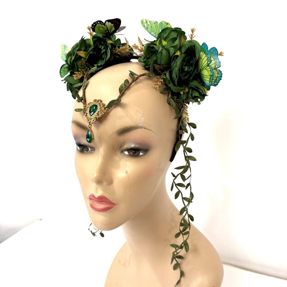 Boho Festival Renaissance Green Roses - Butterfly –Jewel Flower Headpiece Crown